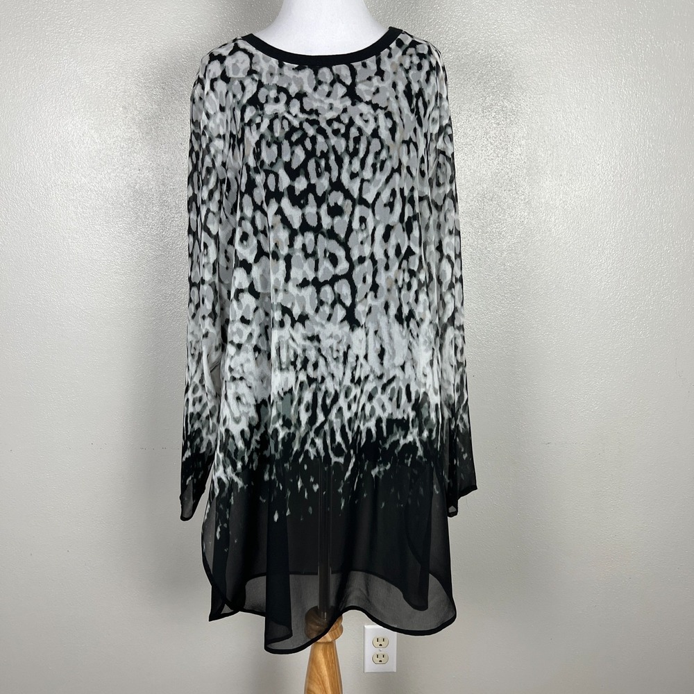 Calvin Klein Tunic Top Women Large Black White Printed Sheer Lined Longline Slit